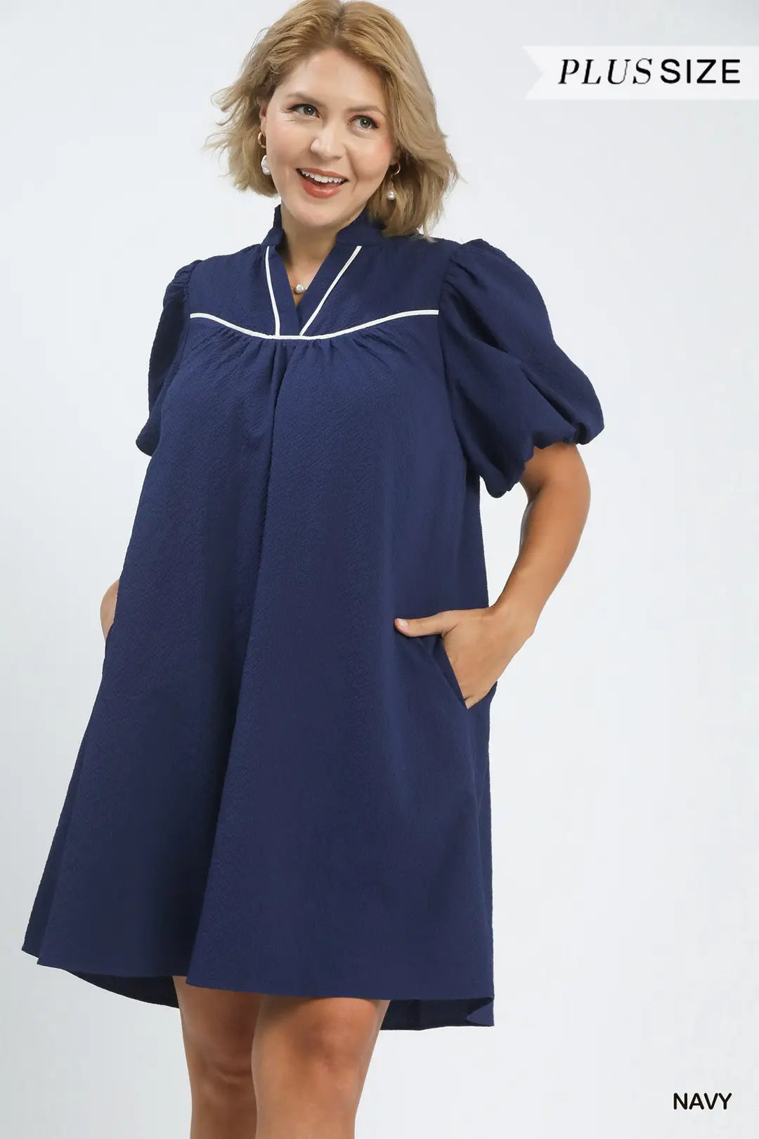 Curvy Sissy Seersucker Navy and White detail Dress