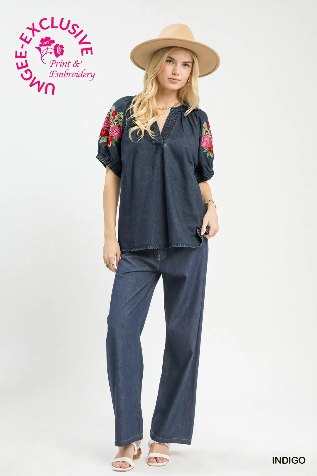 Dani Dark Denim Embroidered Sleeve Top