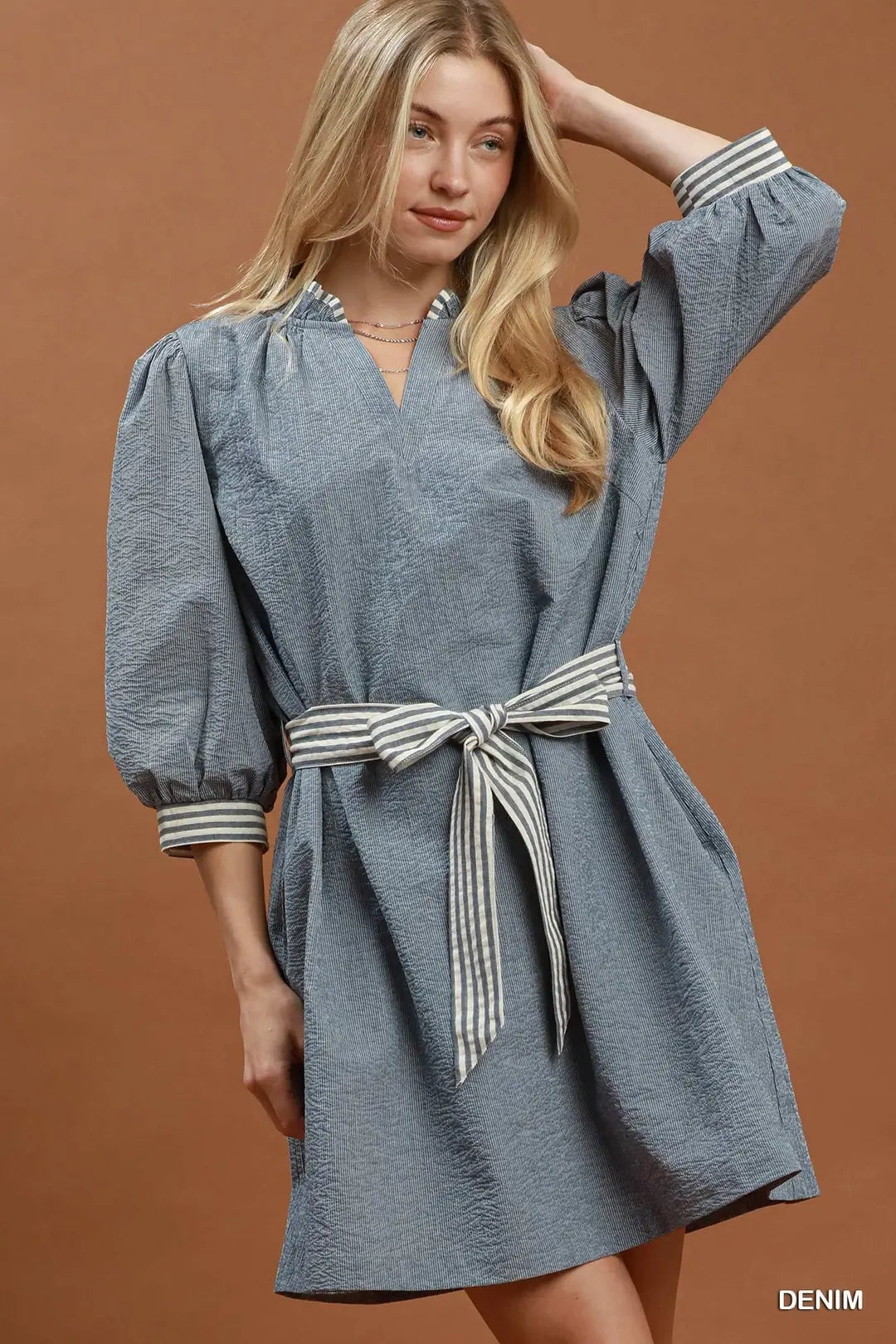 Diana Denim Mini Dress with Striped contrast Belt and Cuffs