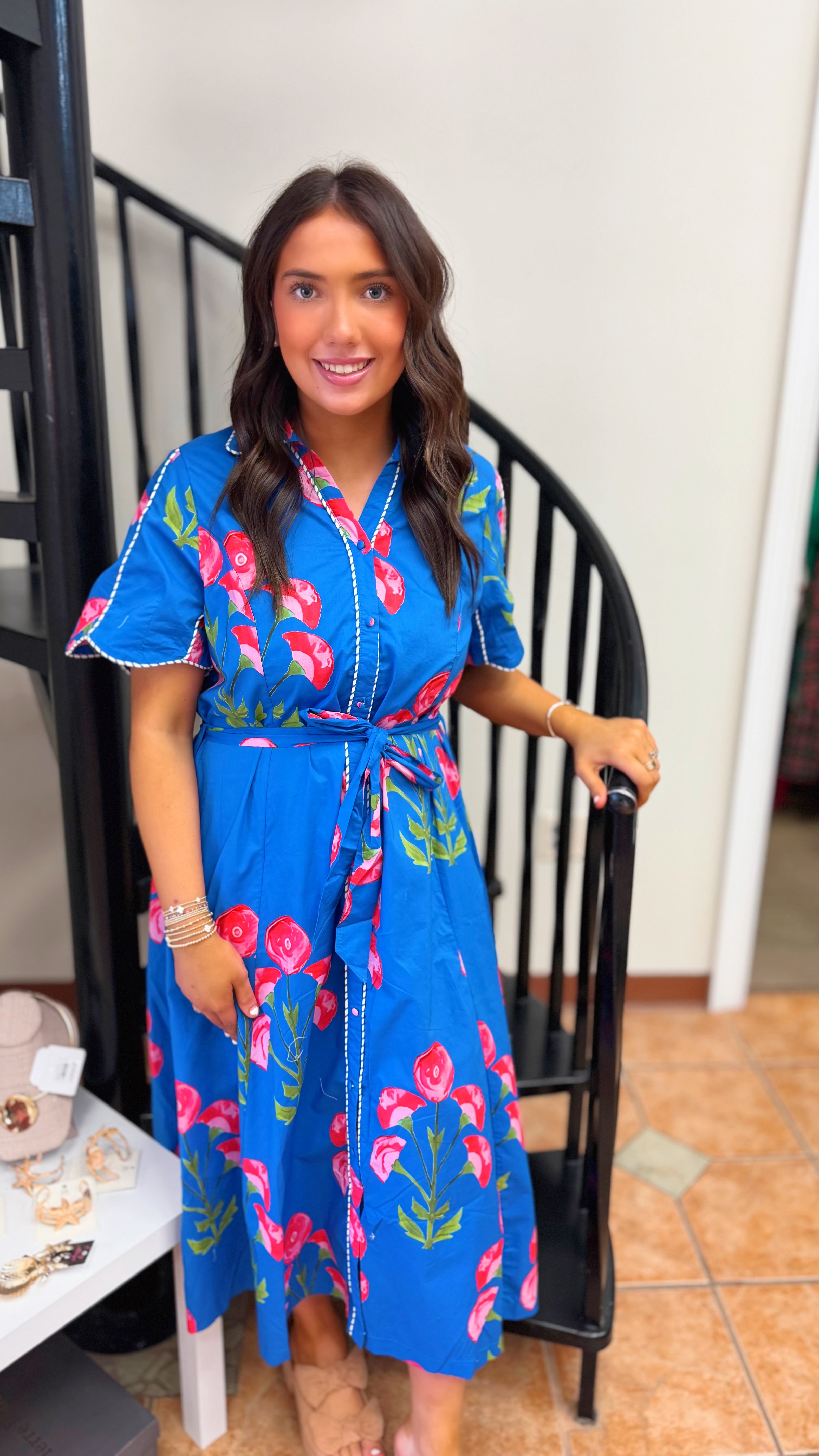 Brita Blue Floral Tie Waist Dress