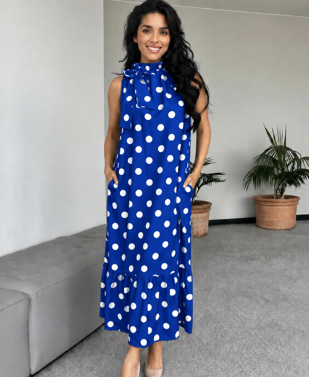 Riley Royal Polka Dot Maxi Dress