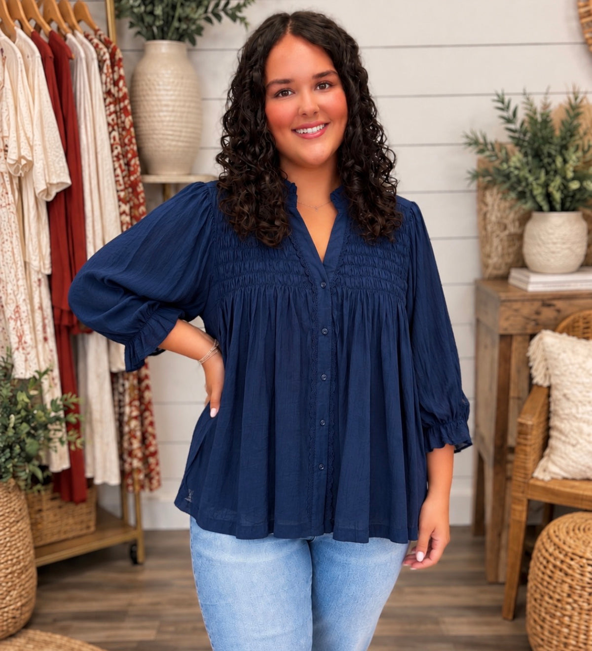 Curvy Josie Solid Smocking Button Down Top