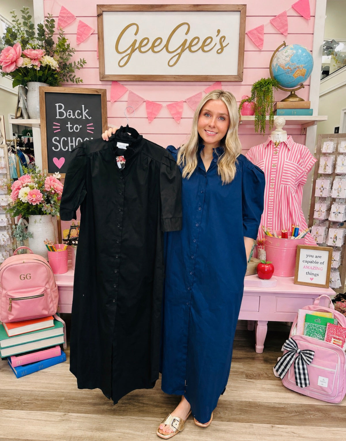 Nina Adrienne Ruffle Collar Midi Shirt Dress