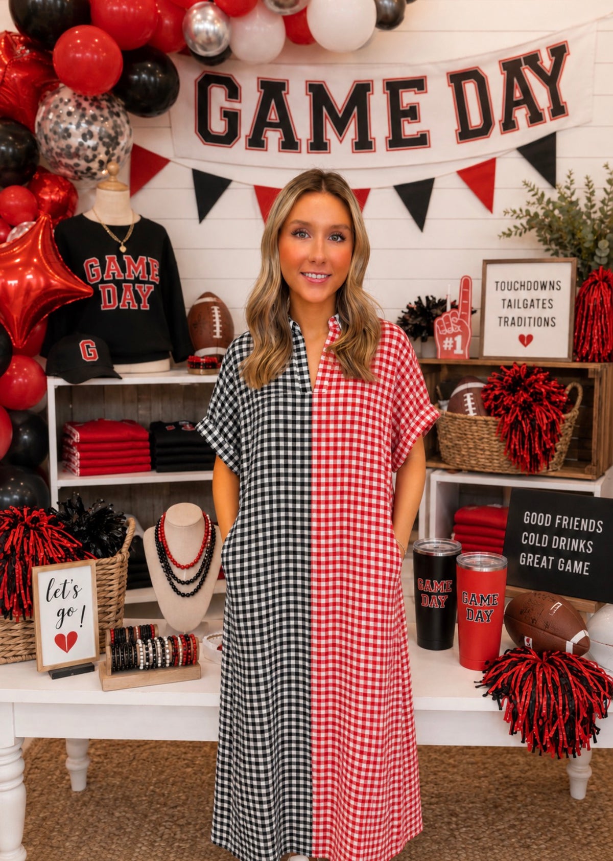 Adrienne Blakely Red/Black Gingham Midi Dress