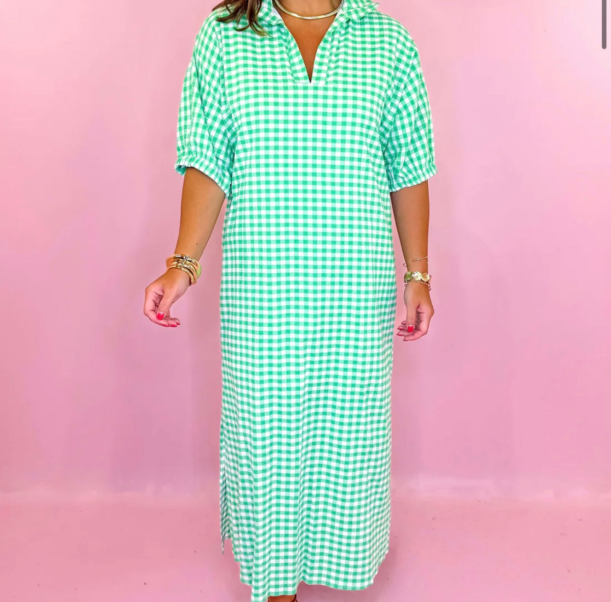 Adrienne Blakely Green Gingham Maxi Dress