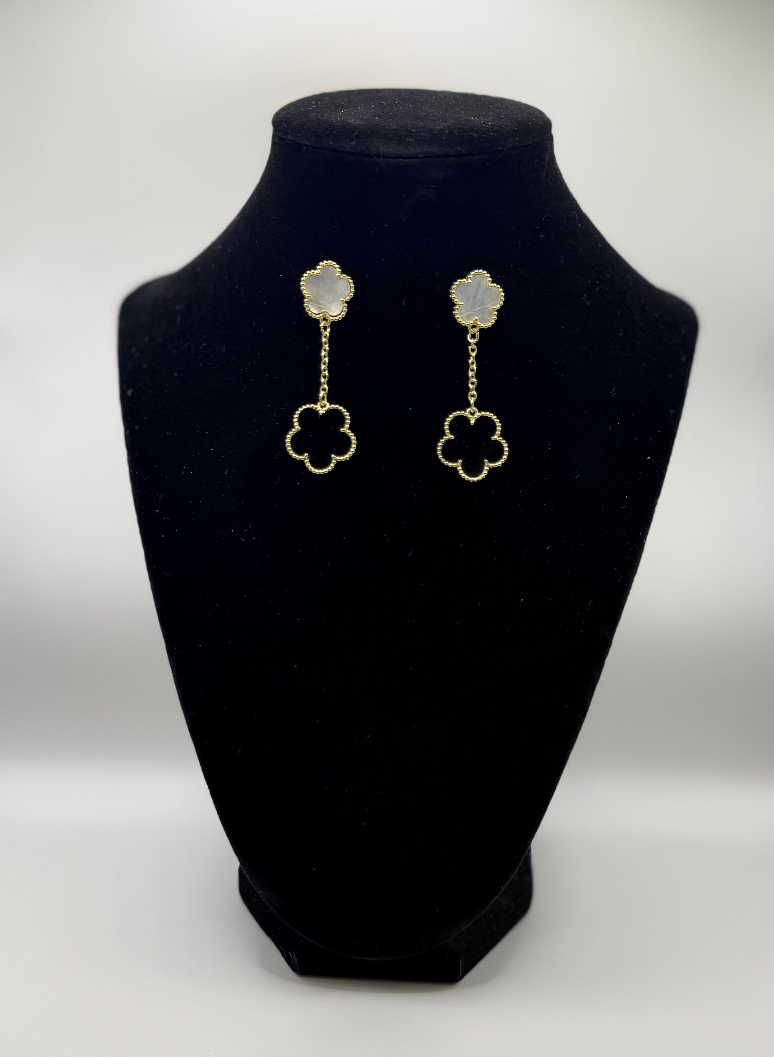 RG Black And White Dangle Clover Earrings