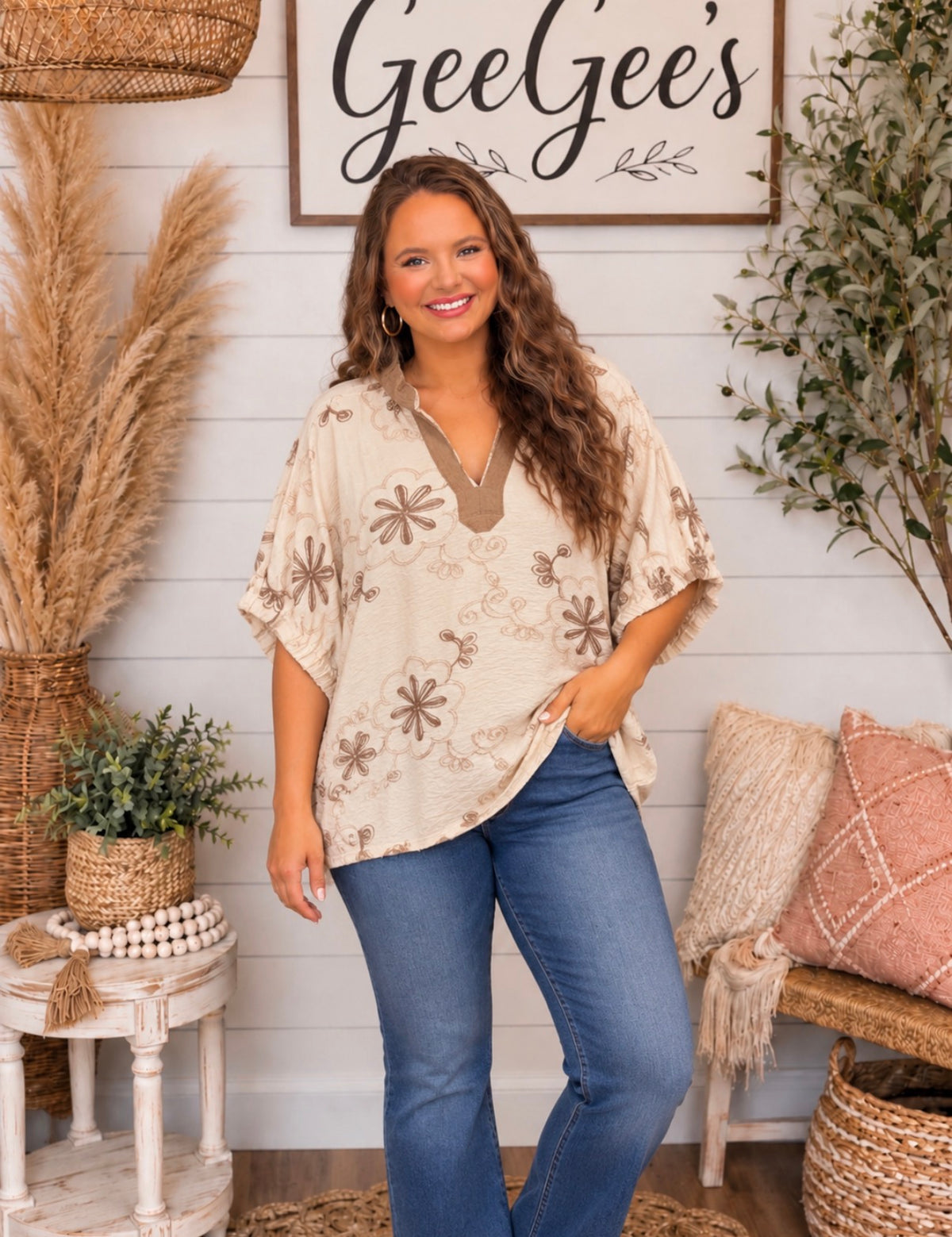 Curvy Angela Beige Boho Top