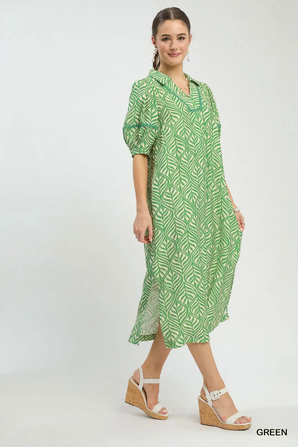 Gabby Green Leaf Print Midi Dress