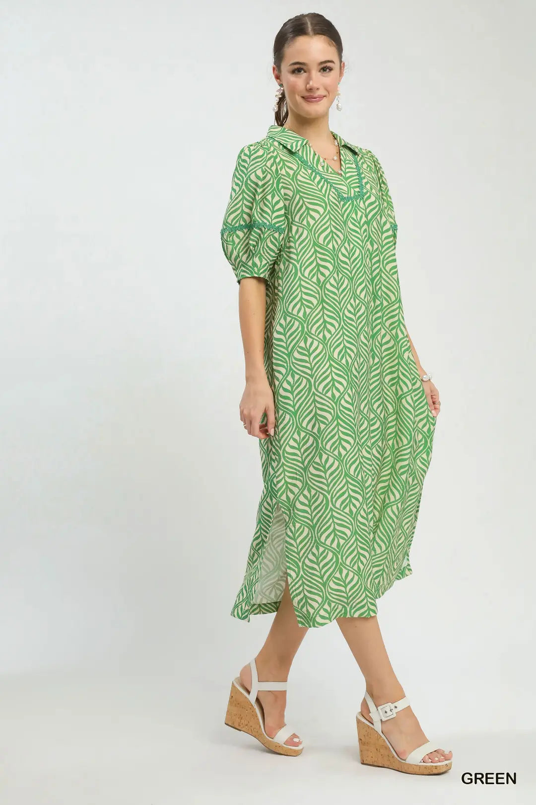 Gabby Green Leaf Print Midi Dress