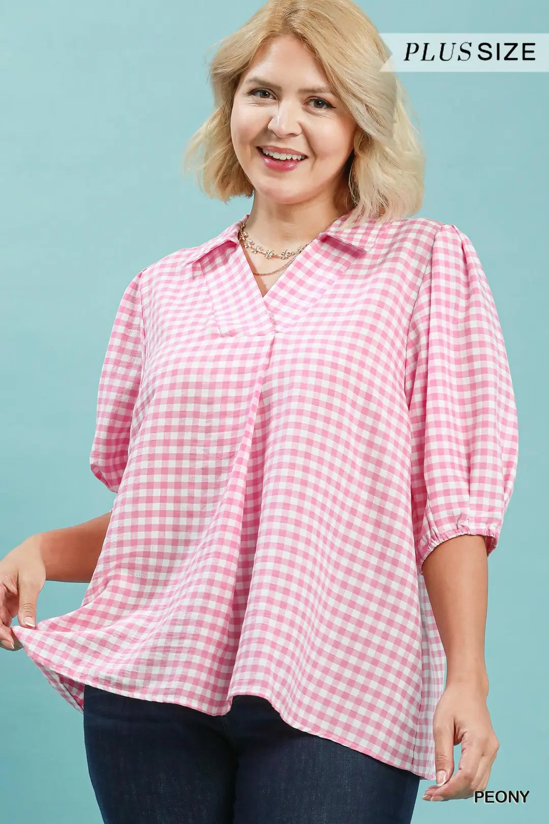 Curvy Gari Gingham Split V-Neck Top