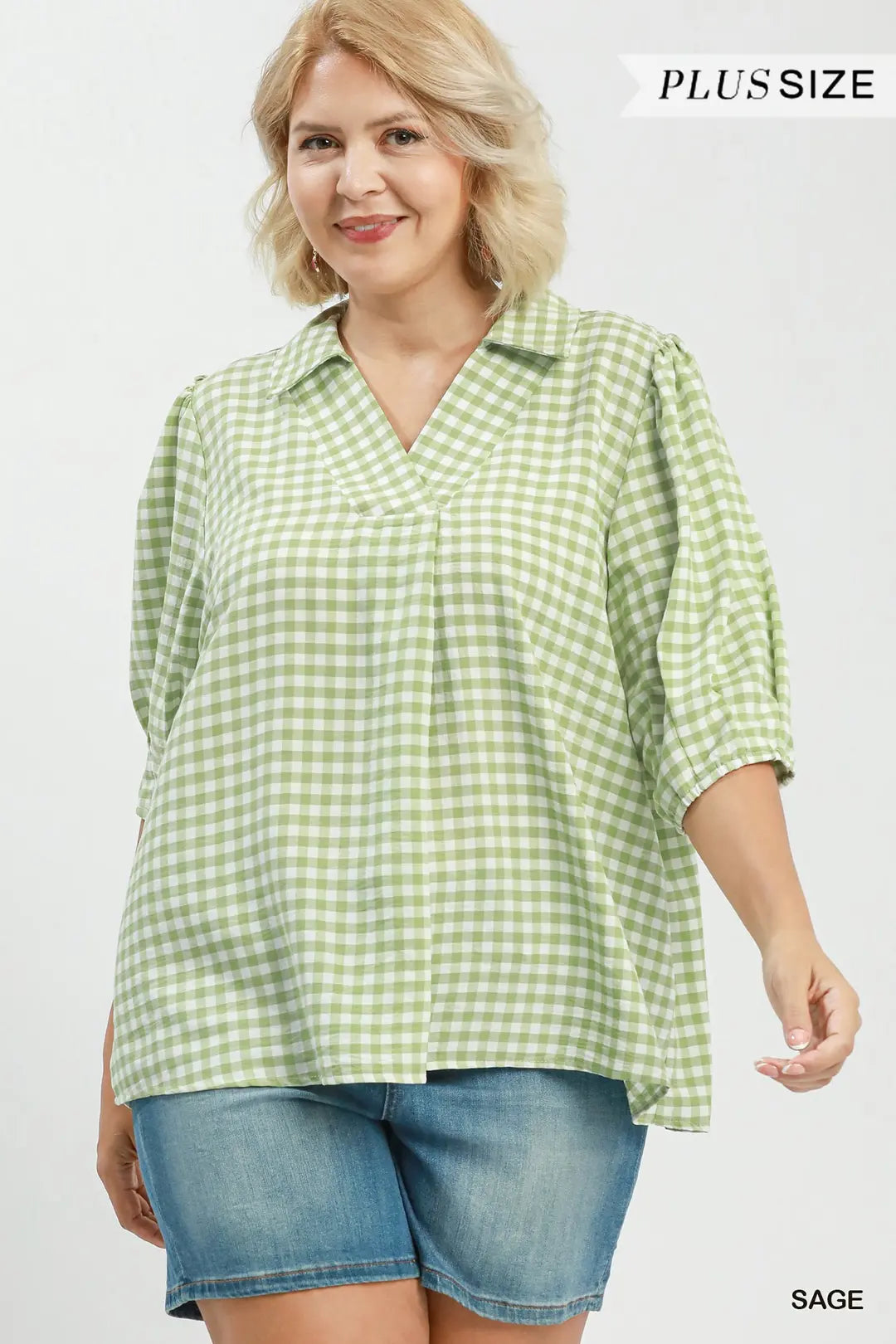 Curvy Gari Gingham Split V-Neck Top
