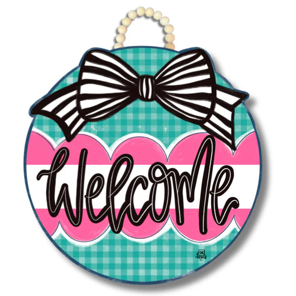 DK Teal Gingham Welcome Door Hanger