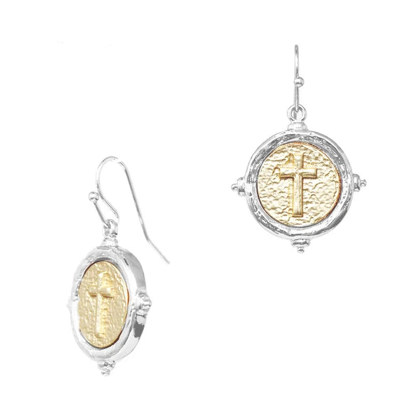 RG Gold And Silver Cross Stamped Coin Earrings