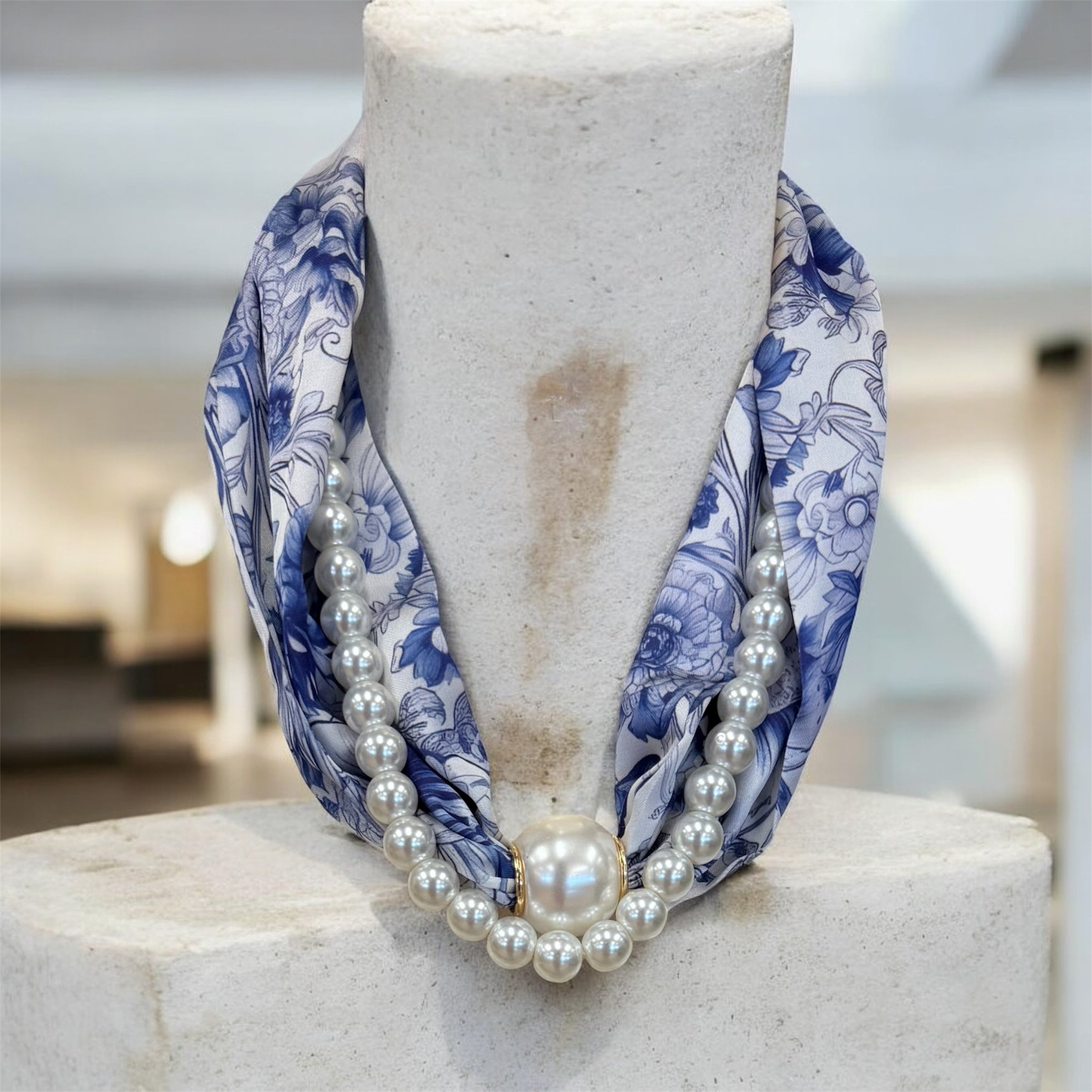 Blue White Willow Scarf and Pearl Necklace Set