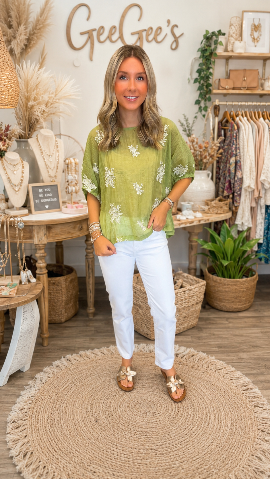 Emily Eucalyptus Embroidered Top