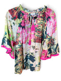 Vianie Tassle Front and Fringe Wide Sleeve Floral Top
