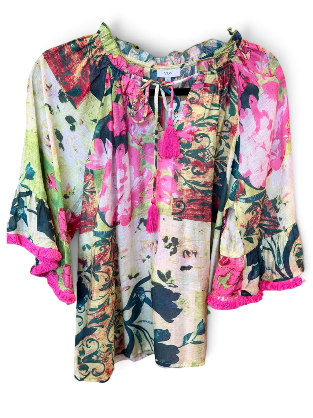 Vianie Tassle Front and Fringe Wide Sleeve Floral Top