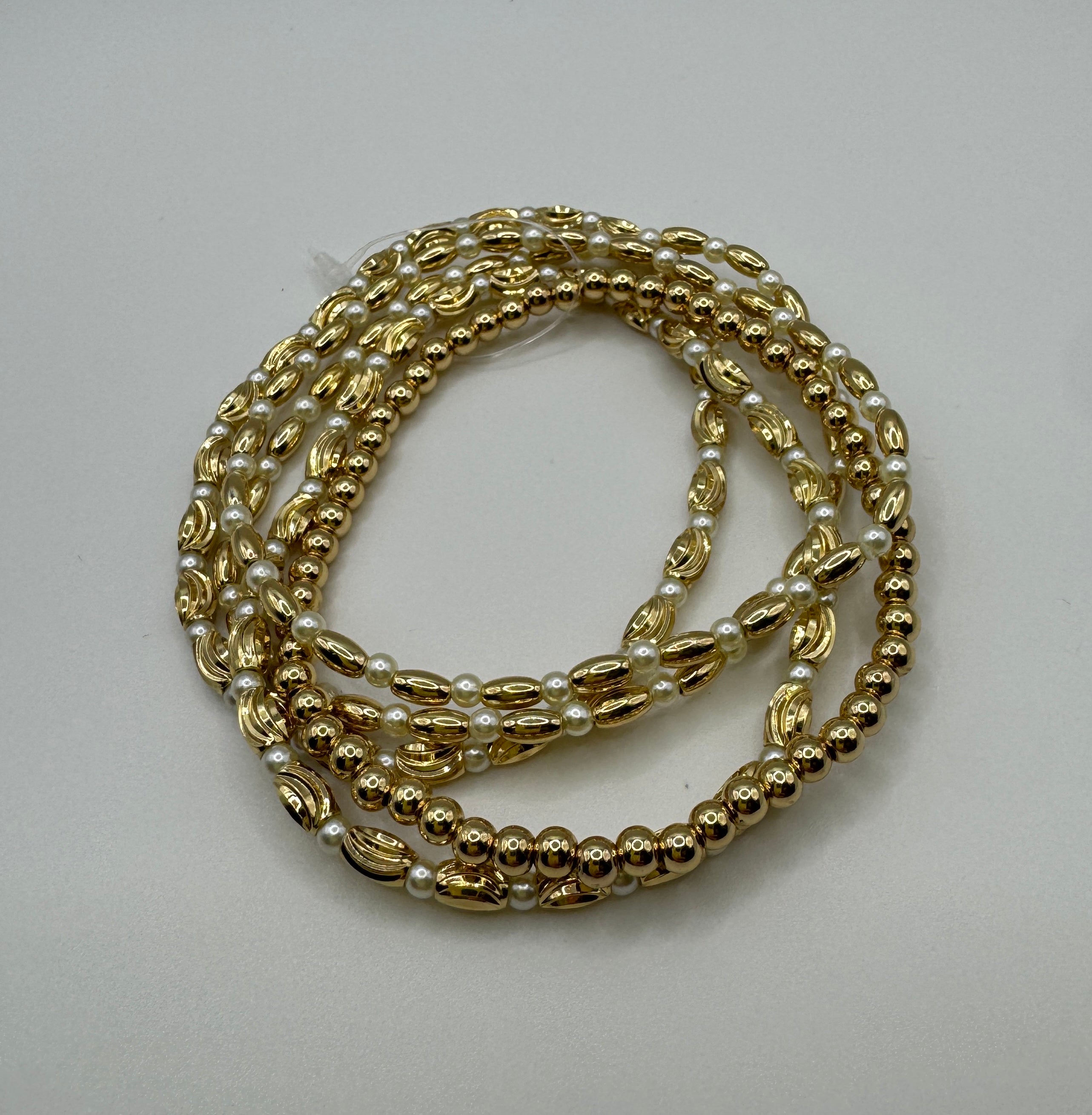 RG Gold Textured Oval Beaded and Pearl Bracelet Set