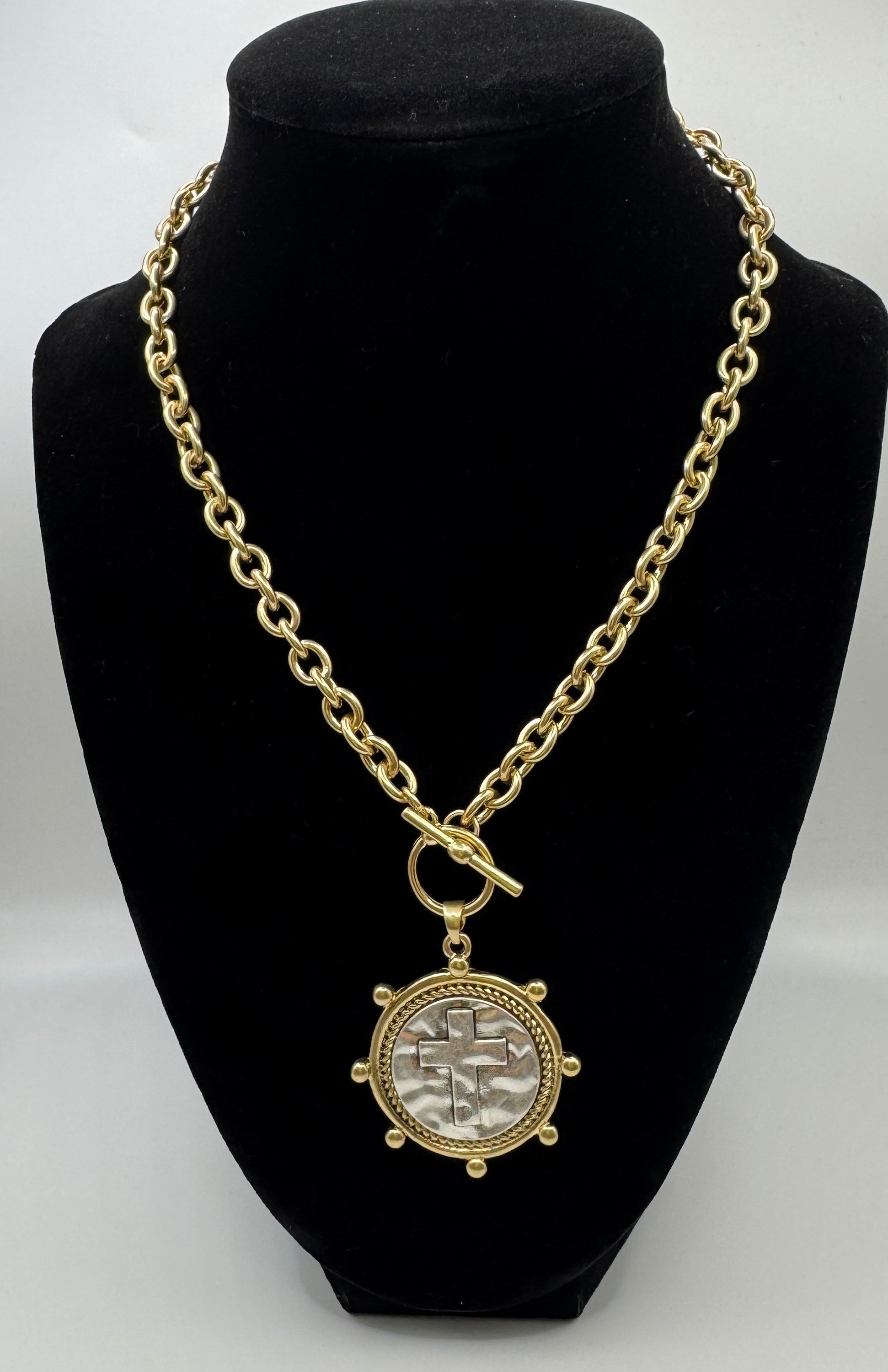 RG Gold Hammered Metal Cross Coin Necklace