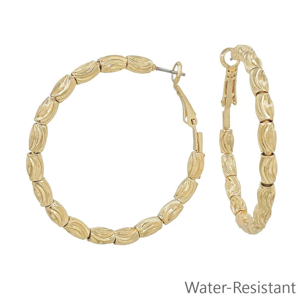 RG Gold Textured Oval Beads On 2 In Hoop Earrings