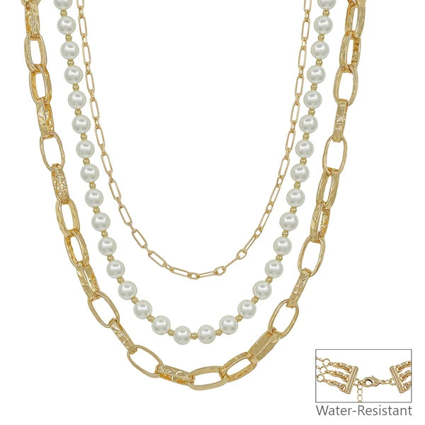 RG Water Resistant Three Layered Multiway 8MM Pearl 16"-18" Necklace