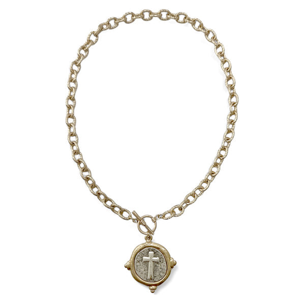 RG Gold Chain With Silver and Gold Coin Cross Necklace