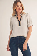 Brittney Oatmeal Contrast Trim Top