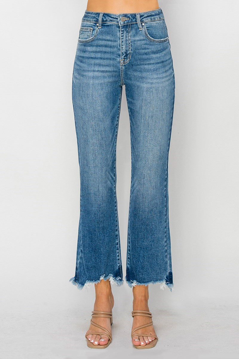 Risen Maggie High Rise Crop Flare Fray Jeans