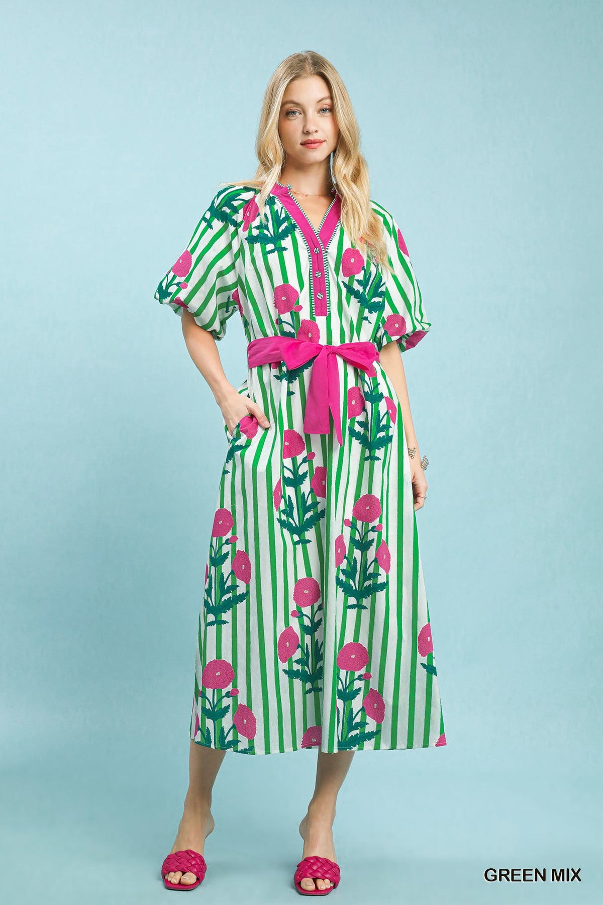 Sam Striped Stem Floral Midi Dress