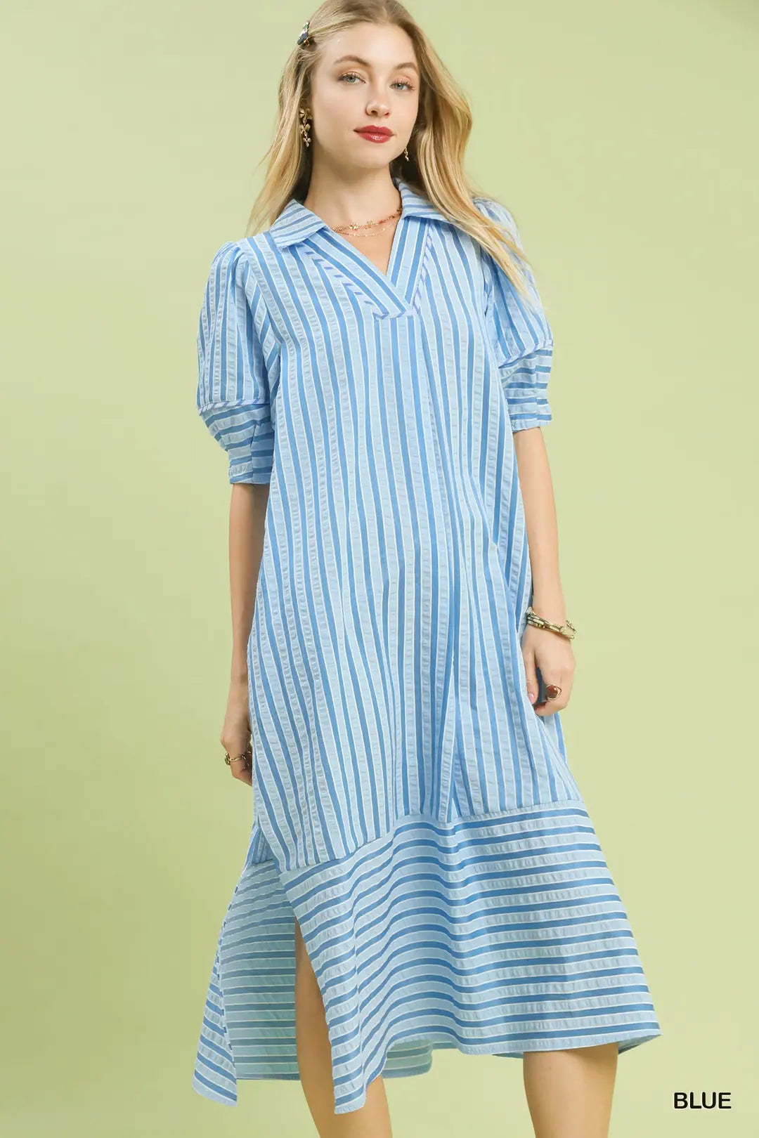 Sandy Striped Collared V-Neck Midi Dress