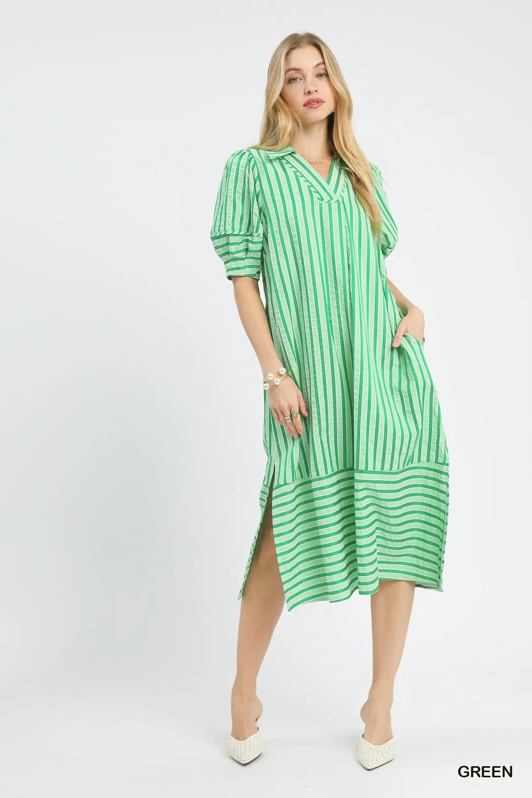 Sandy Striped Collared V-Neck Midi Dress