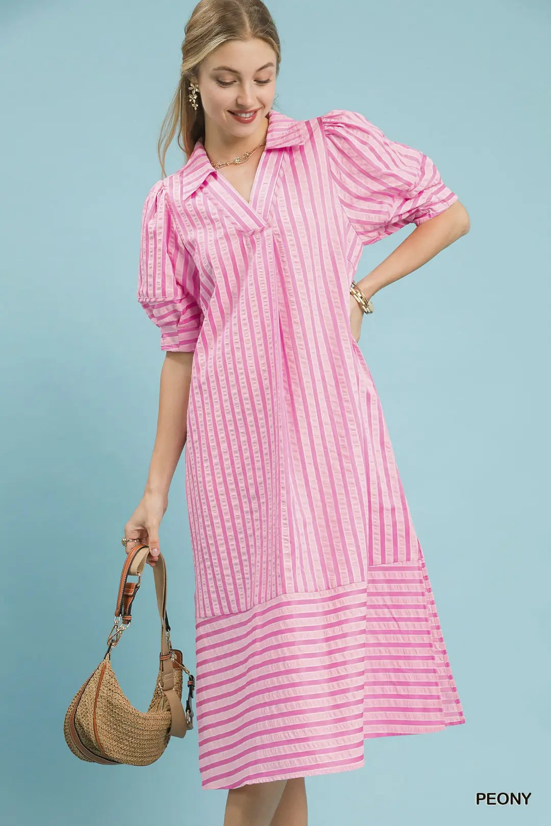 Sandy Striped Collared V-Neck Midi Dress