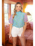 Stacy Smocked Neck Embroidered Sleeve Top