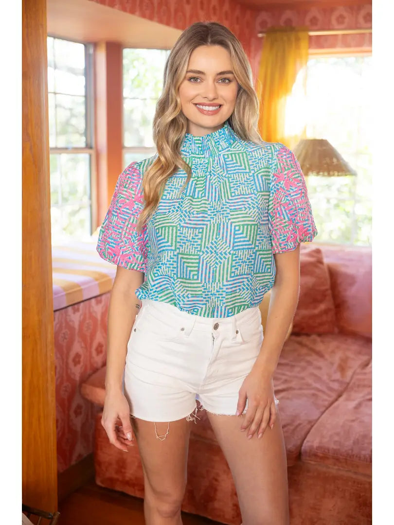 Stacy Smocked Neck Embroidered Sleeve Top