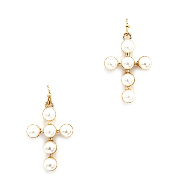 Gold With Studded Pearl Cross Earrings