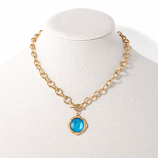 RG Gold Chain with Blue Stone Circle Charm 16"-18" Necklace