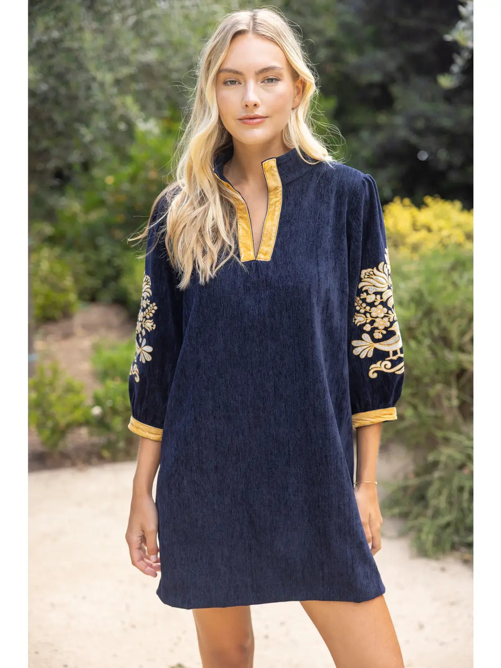 Mindy Midnight Gold Embroidered Sleeve Velvet Shift Dress