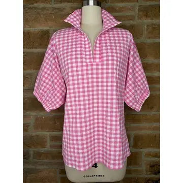 Sloan Pink Seer Gingham Adrienne Top
