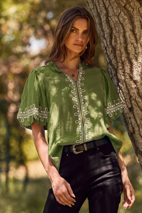 Curvy Malani Embroidered Bubble Sleeve Top
