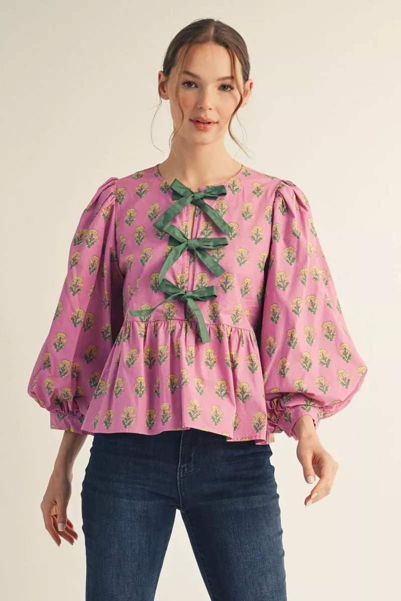 Peyton Puff Sleeve Floral Front Bow Top