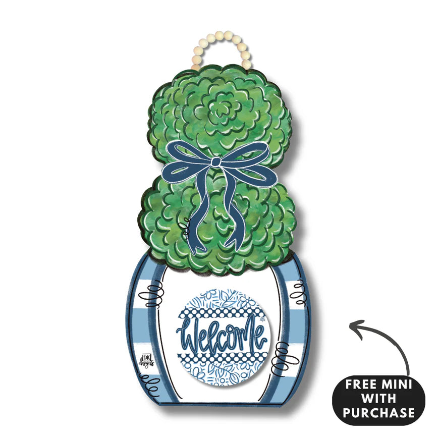 BLUE AND WHITE TOPIARY DOOR HANGER WITH INCLUDED MINI