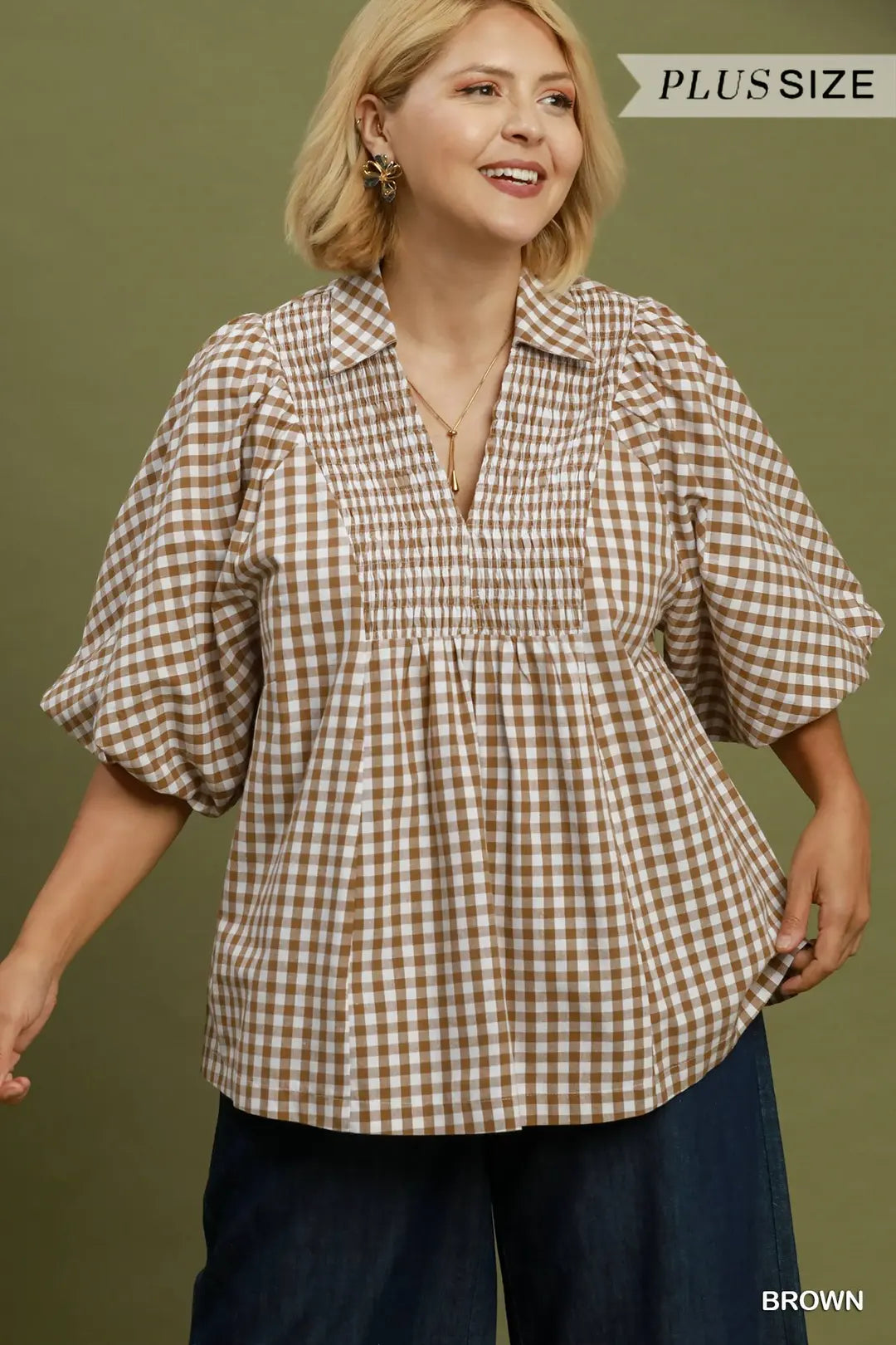 Curvy Penelope Plaid Smocked Front Yoke Top