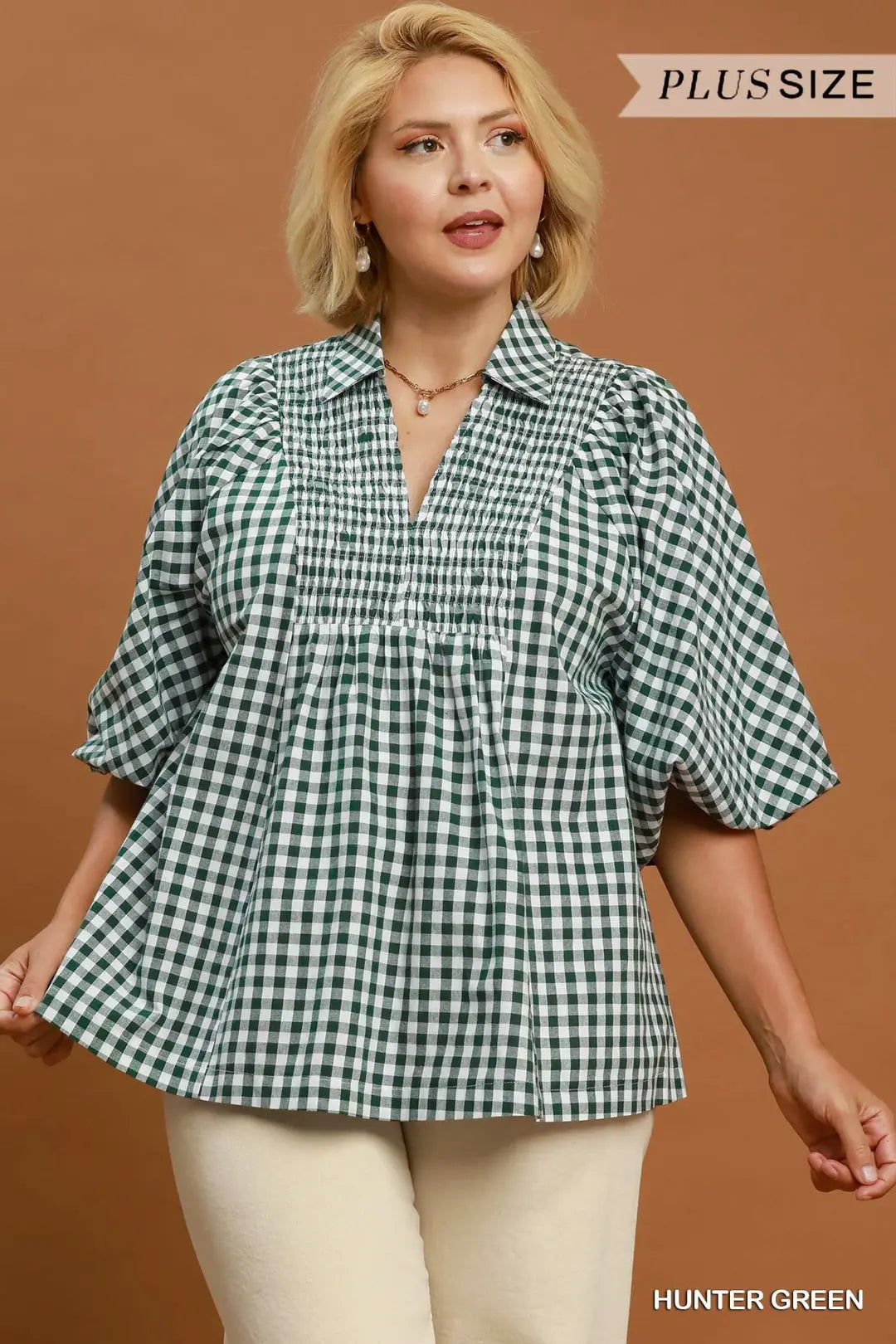 Curvy Penelope Plaid Smocked Front Yoke Top