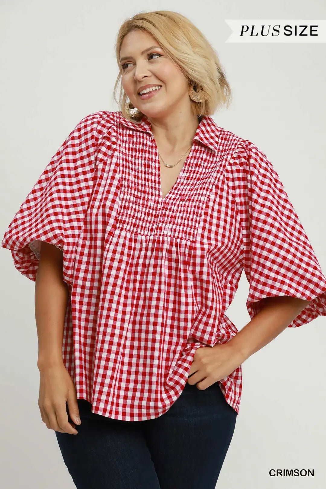 Curvy Penelope Plaid Smocked Front Yoke Top