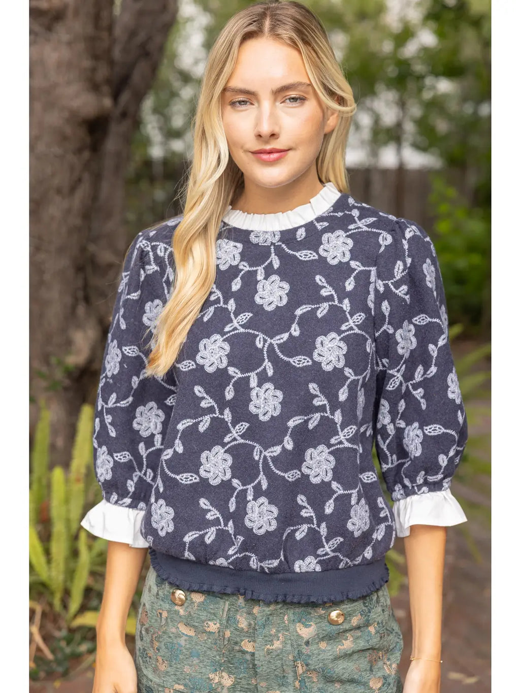 Ronnie Solid Ruffle Floral Embroidered Top