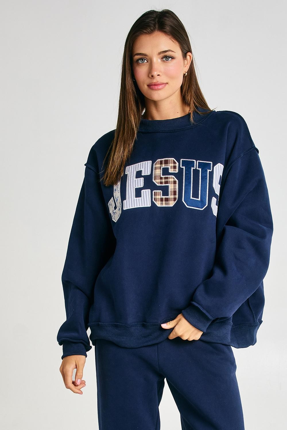 Jesus Embroidered Patch Work Mock Neck Sweatshirt