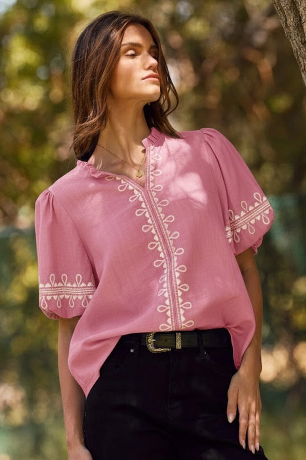 Curvy Malani Embroidered Bubble Sleeve Top