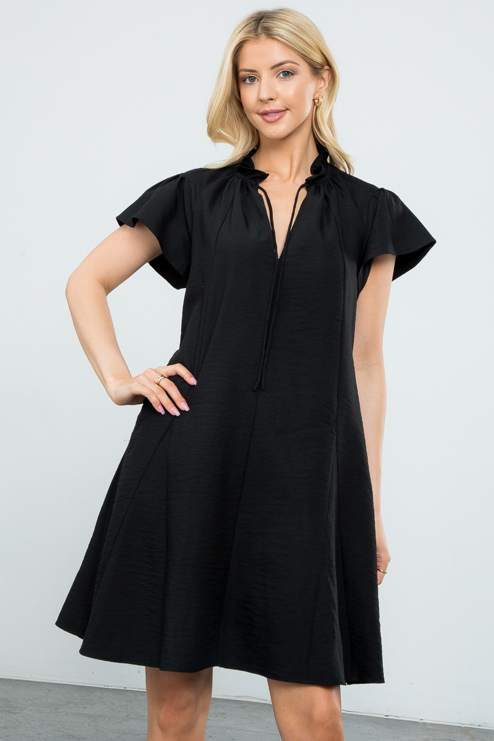 Bexley Flutter Sleeve Split-Tie Black Mini Dress