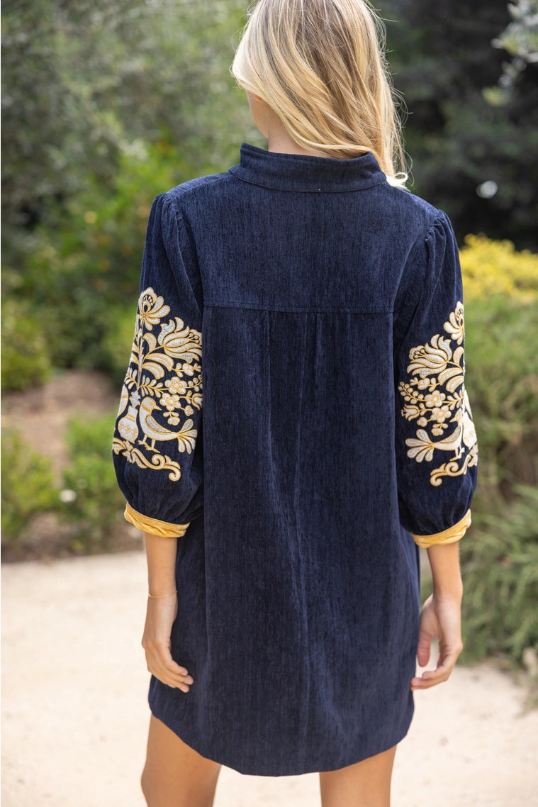 Mindy Midnight Gold Embroidered Sleeve Velvet Shift Dress