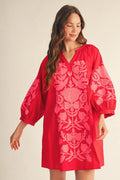 Wynona Notched V Neck Floral Embroidered Dress